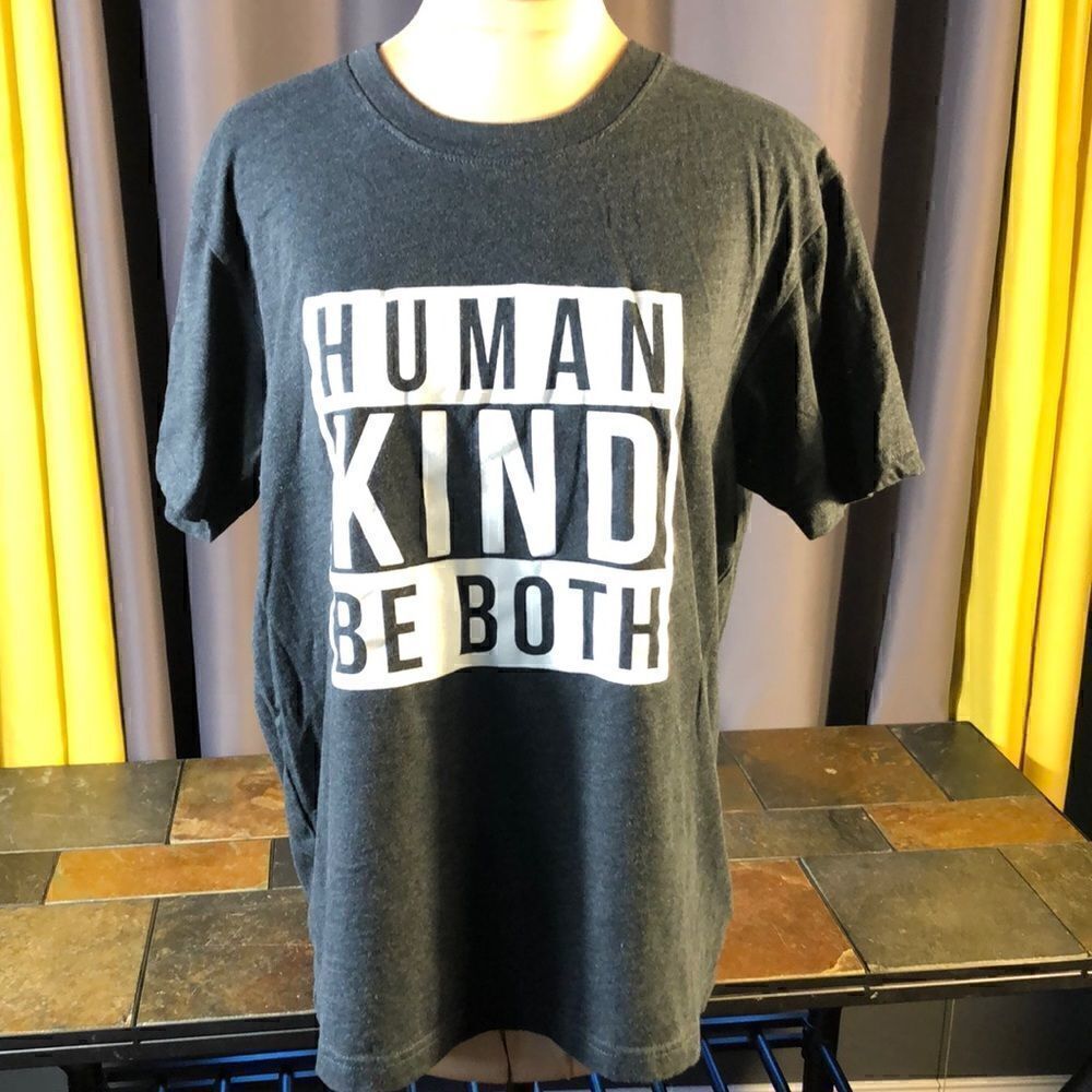 Kavio! Guy Human, Kind, Be Both dark gray tee size medium
